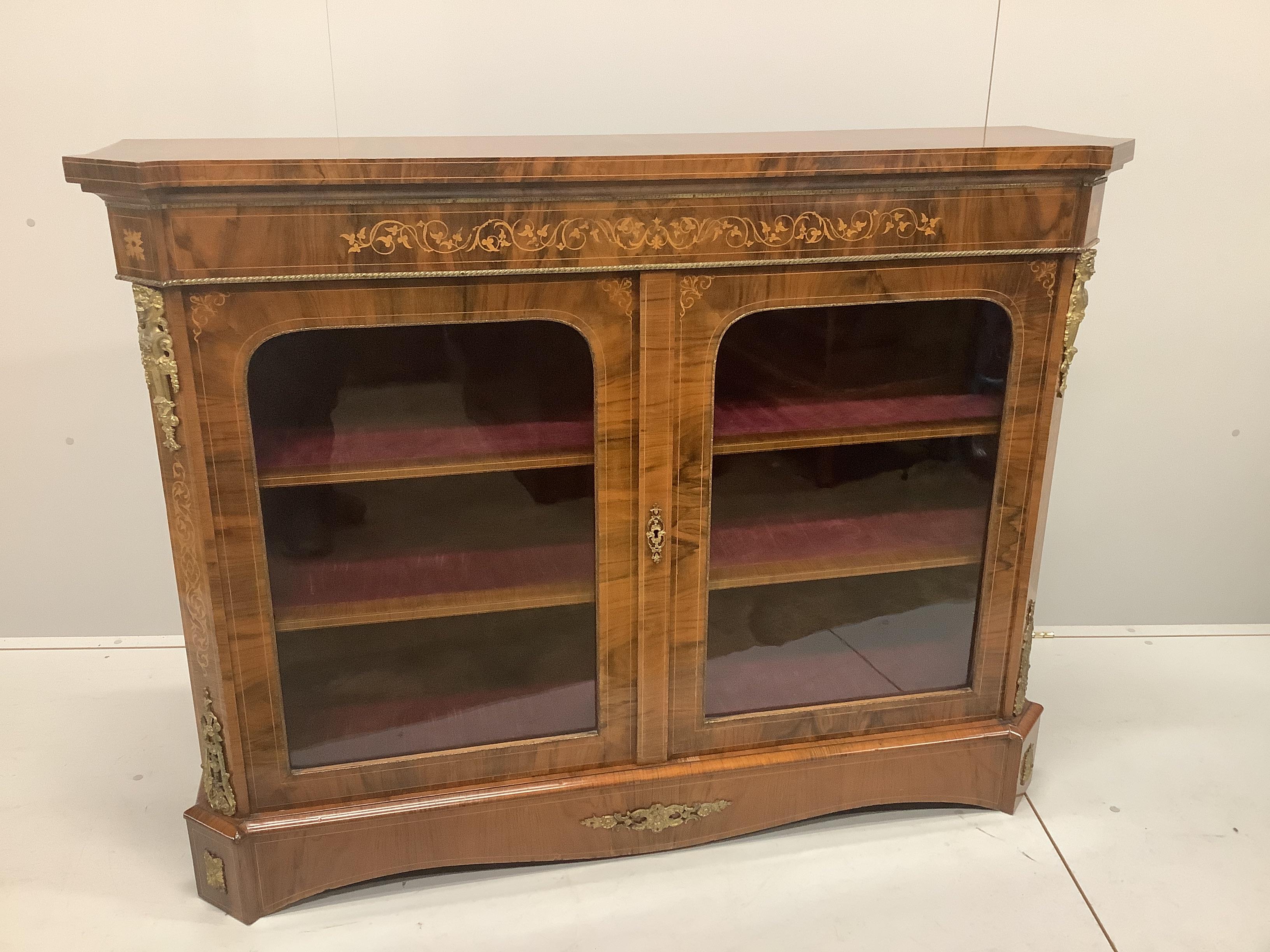 A Victorian figured walnut and marquetry side cabinet, width 143cm, depth 37cm, height 109cm